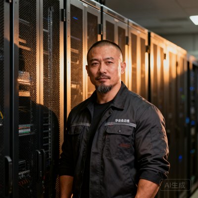 华体会运维总监陈志远，一位身材健硕、留着短须的42岁男性，穿着深色工装夹克站在服务器机柜旁