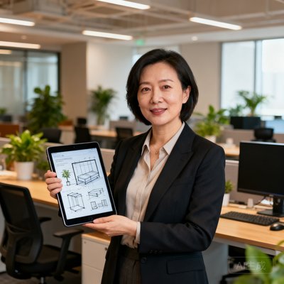 华体会产品副总裁赵雨桐，一位气质干练的38岁女性，手持平板电脑展示产品原型，背景是开放式办公区
