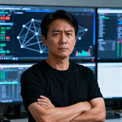 华体会安全架构师王浩然，一位表情严肃、双臂交叉的36岁男性，穿着黑色T恤，身后是网络安全监控屏幕